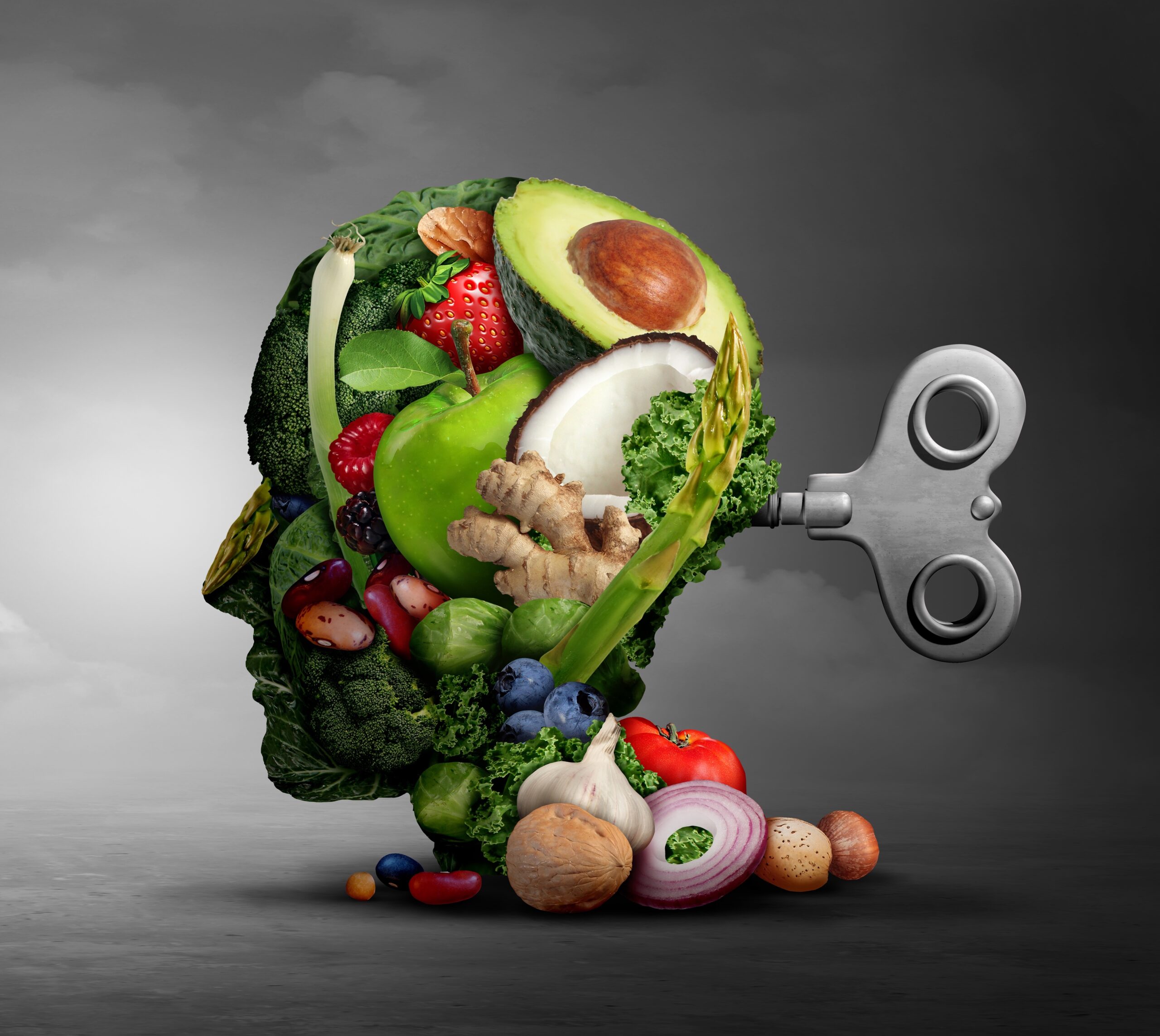 Vegan diet and mental function concept as a psychiatric or psychiatry symbol of the effects on the brain  and mood by eating plant based food with 3D illustration elements.