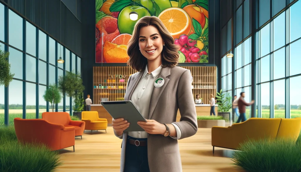 DALL·E 2024 04 30 11.00.54 An image depicting a welcoming hostess at the Fruit Tech Campus. The hostess is a middle aged woman with a friendly smile wearing a smart casual outf